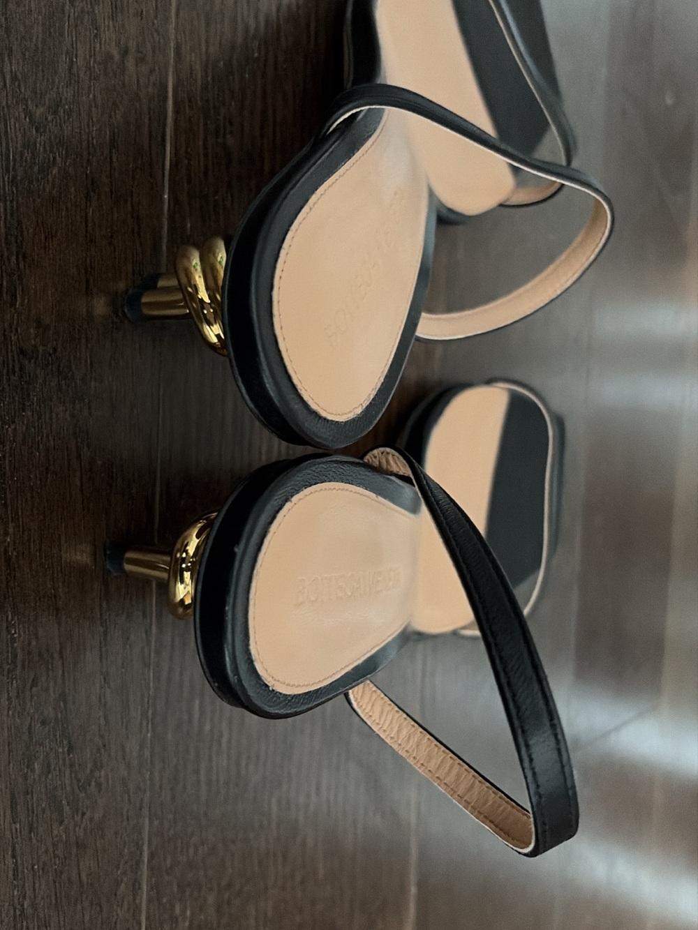 Bottega Veneta Black Leather Square-Toe Slingback Heels with Gold Knot Heel - Picture 3 of 6